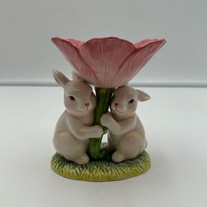Cosmos Bunny Rabbits Holding Flowers Candy Dish/ Tea Light Candle Holder